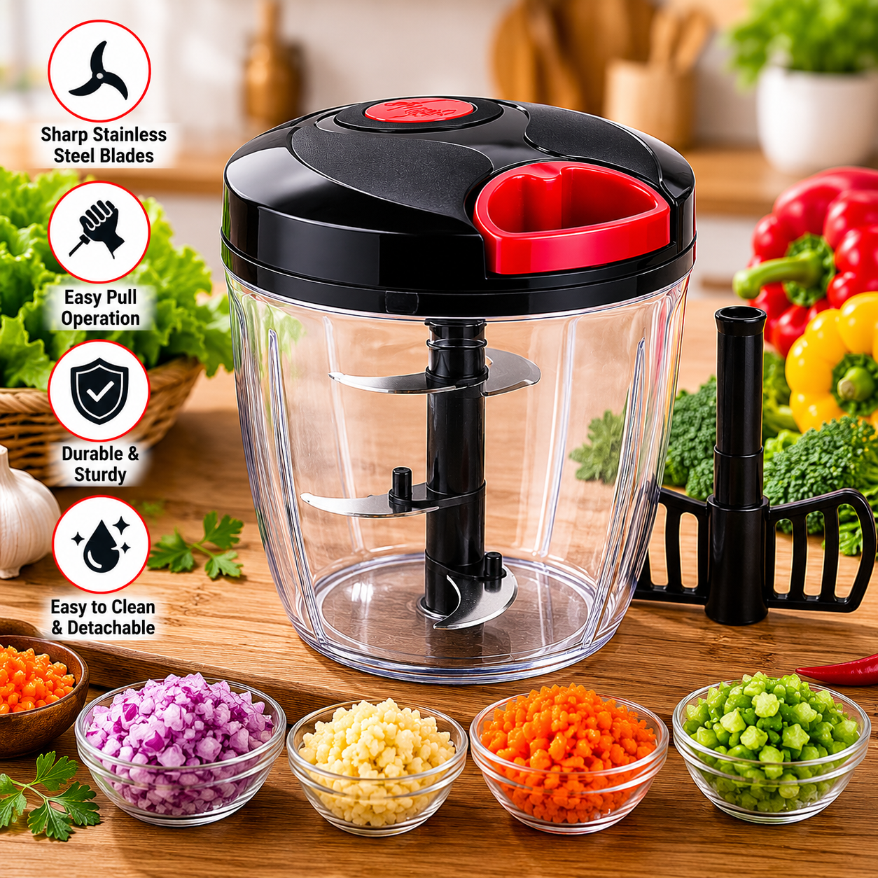 Manual Pull Cord Food Chopper – Quick & Easy Vegetable Cutter