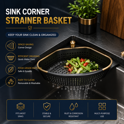 Premium Sink Corner Strainer Basket – Space-Saving Kitchen Drain Organizer