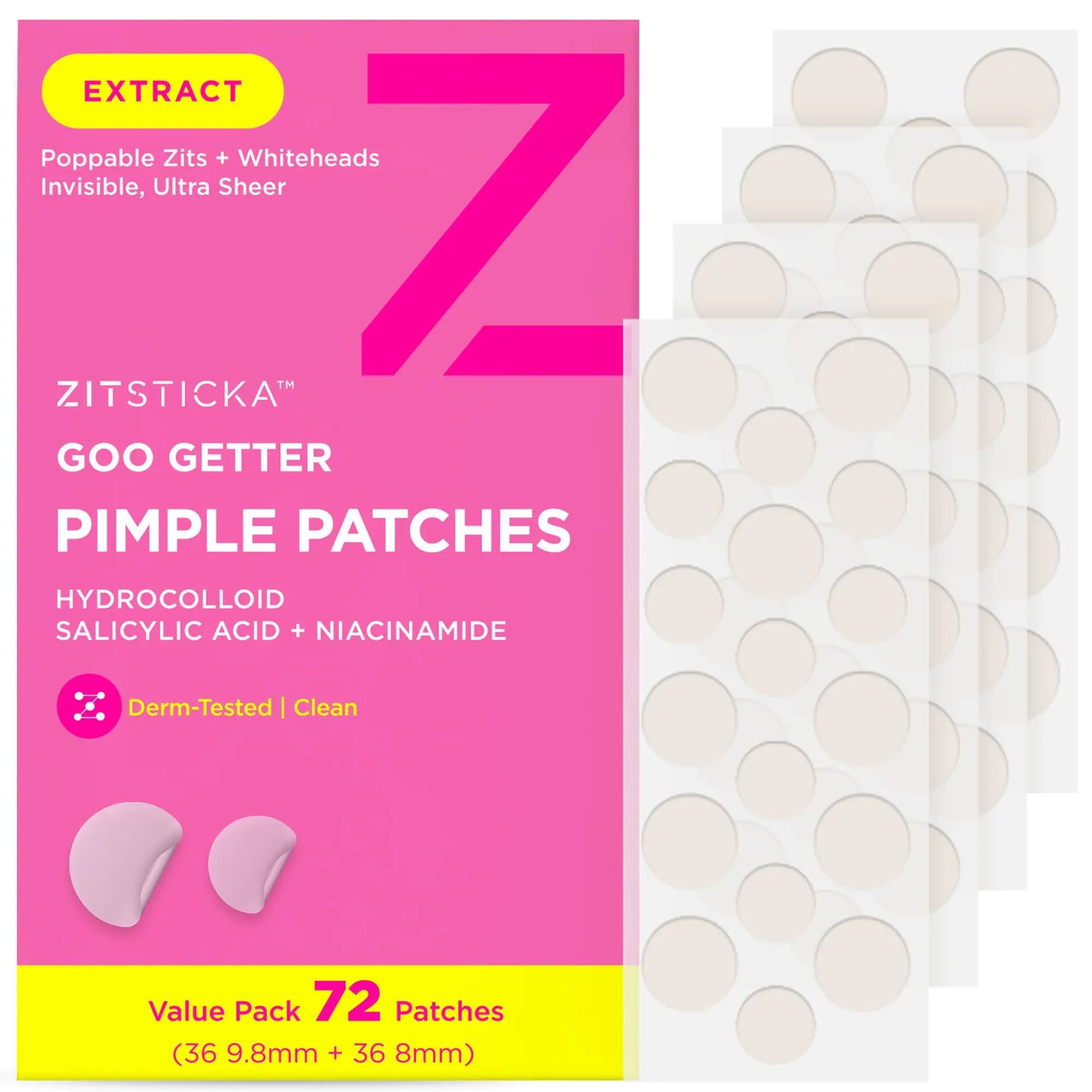 ZitSticka Pimple Patches for Face and Body Hydrocolloid Patches to Cover Zits & Blemishes Acne Patches or Zit Spot Stickers Body Blemish Patch (GOO GETTER 72 Pack)